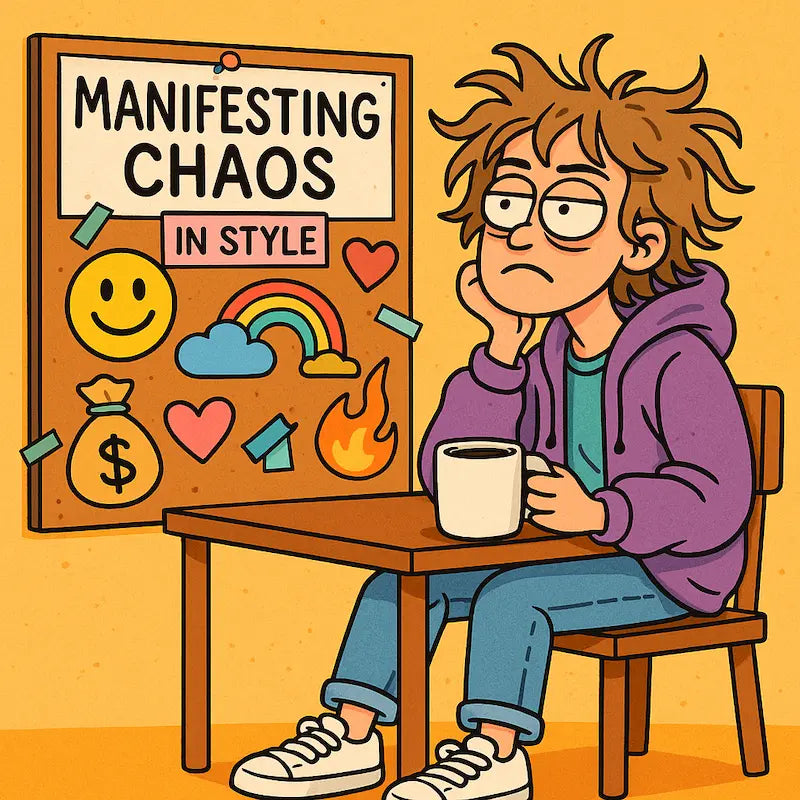 "Colorful cartoon of Gen Z friends laughing while exchanging sarcastic gifts like mugs, plaques, and cards with bold, funny quotes — humor-themed gift exchange."