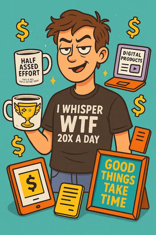 Cartoon Gen Z creator surrounded by passive income items—mugs, digital products, merch—looking confident and sarcastic.