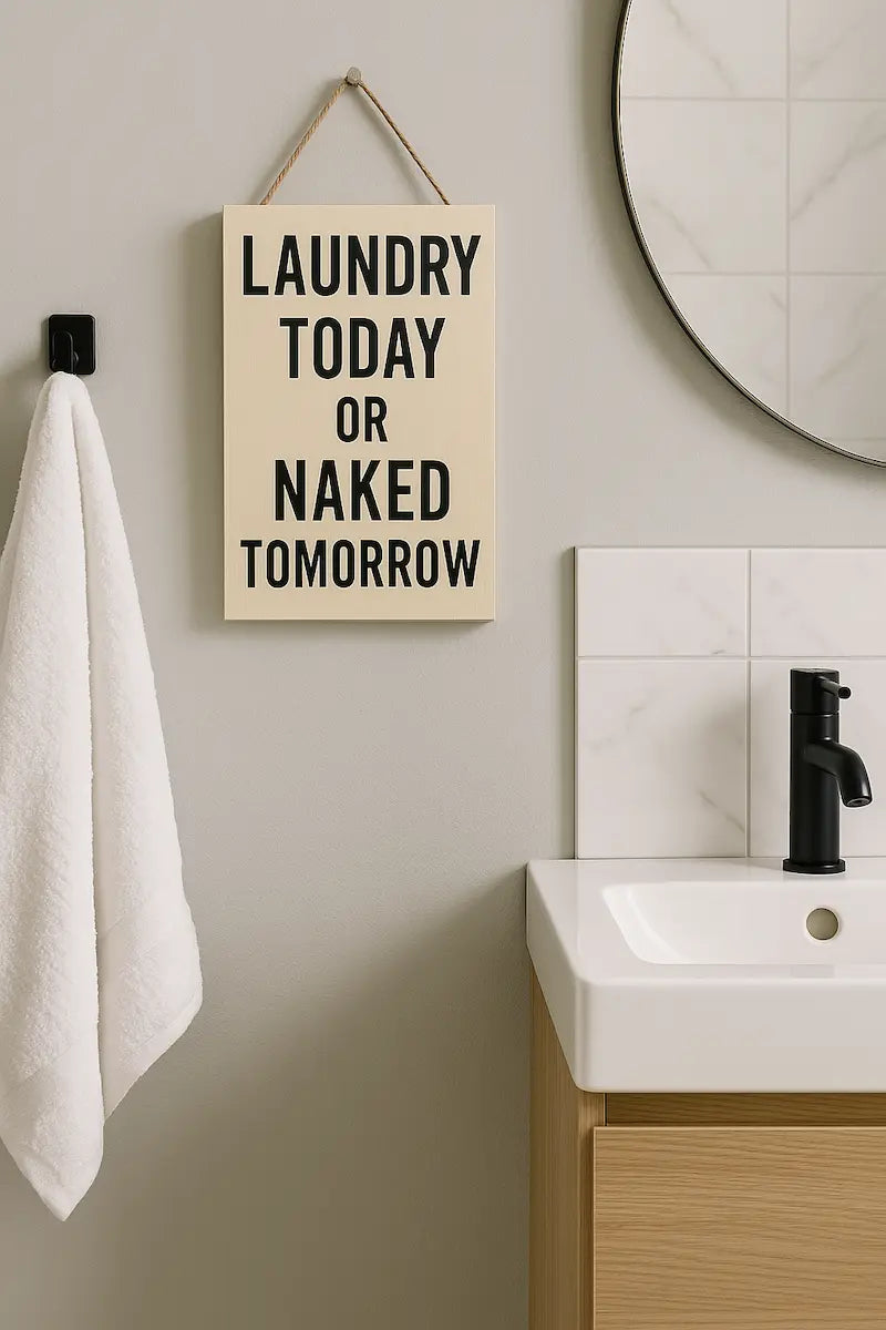 Funny wooden wall plaque that says "Laundry Today or Naked Tomorrow" hanging in a modern bathroom