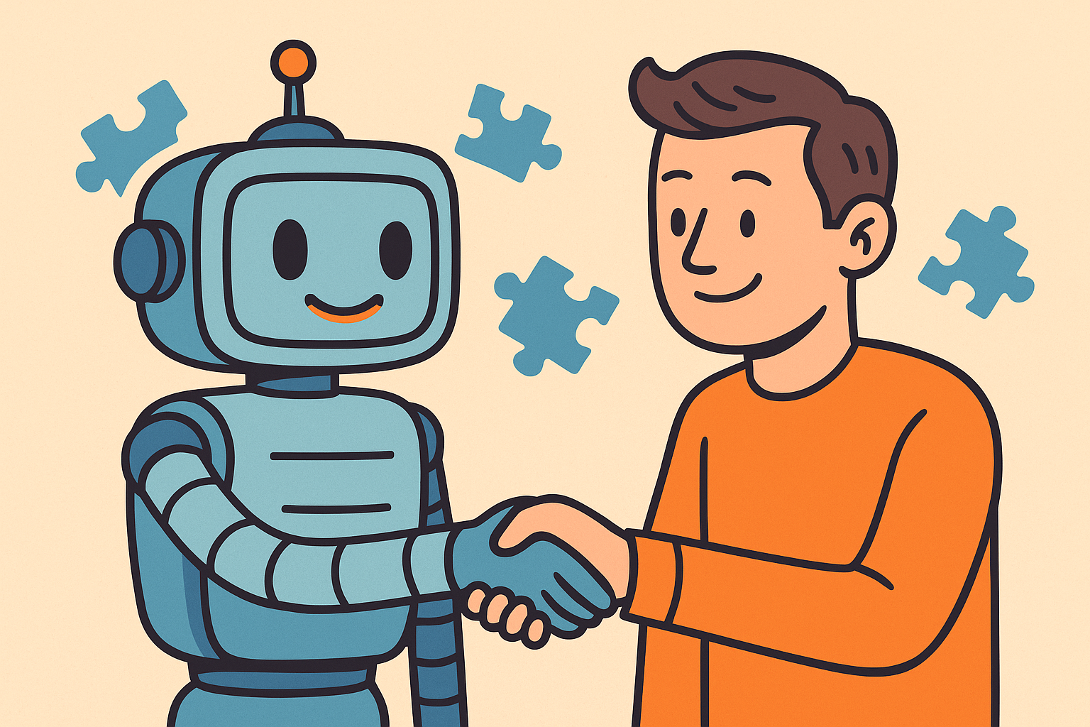 AI robot with mismatched puzzle pieces trying to fit them together.