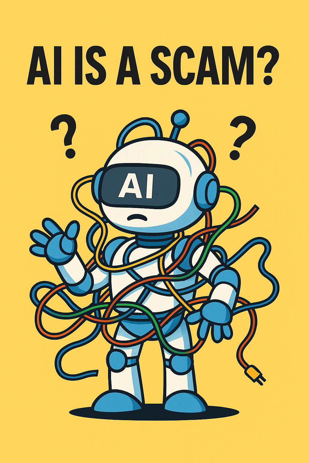 Retro-futuristic robot holding a coffee mug that says “Do It Yourself” next to a stressed-out business owner surrounded by AI screens.