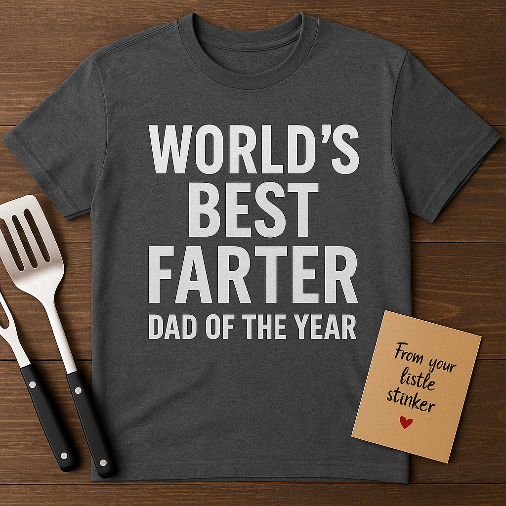 Close-up of “World’s Best Farter I Mean Father” t-shirt on laughing dad