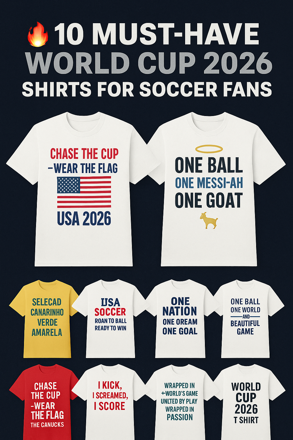 Image of 10 bold World Cup 2026 shirts from Teka Originals, featuring slogans like "Chase the Cup – USA 2026" and "One Messi-Ah – One GOAT."