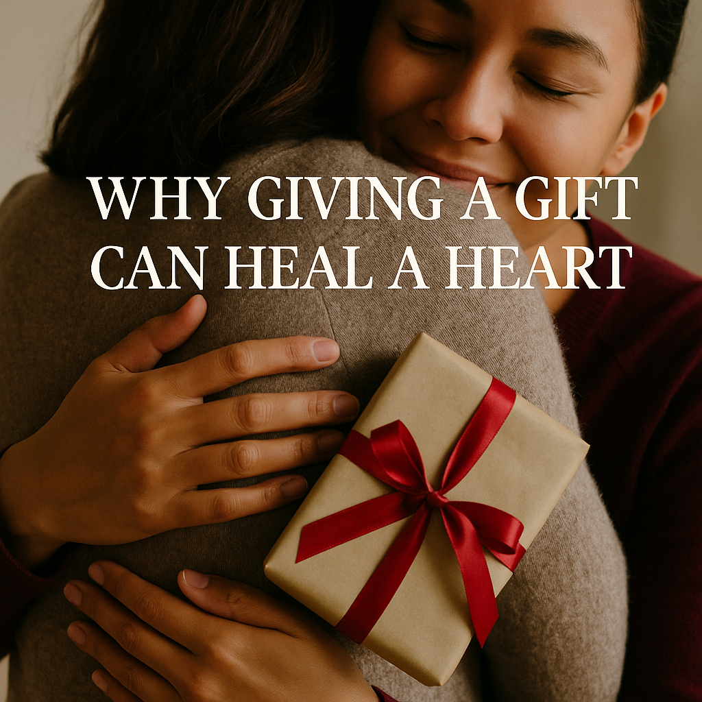 Two people embracing warmly after exchanging a heartfelt gift, symbolizing emotional healing—illustrating why giving a gift can heal a heart.