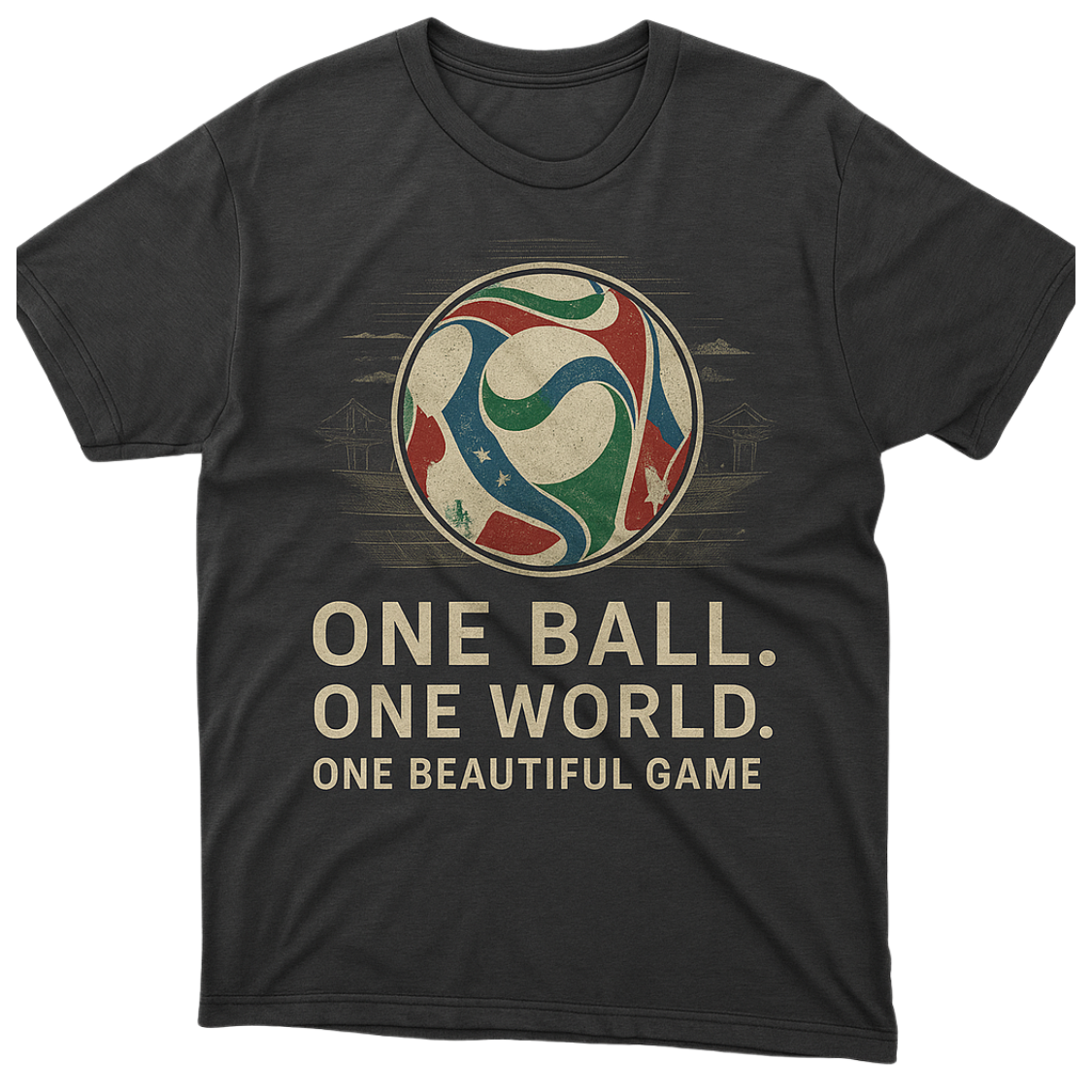 Packed stadium during sunset with 2026 World Cup branding and fans waving international flags.