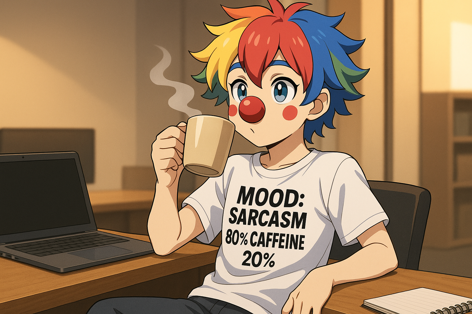 A clown wearing a tshirt with “Mood: Sarcasm 80% Caffeine 20%” in bold black lettering, sitting on a wooden desk beside a laptop and notebook drinking coffee.