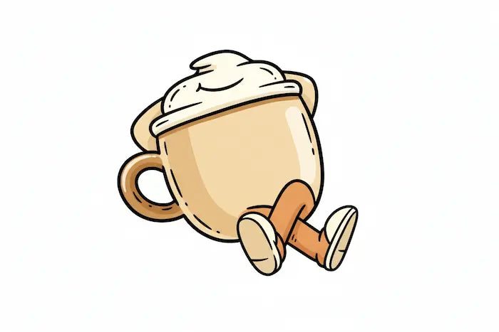 Cartoon coffee mug with legs lounging, hands behind lid, isolated on white, symbolizing positivity and humor.