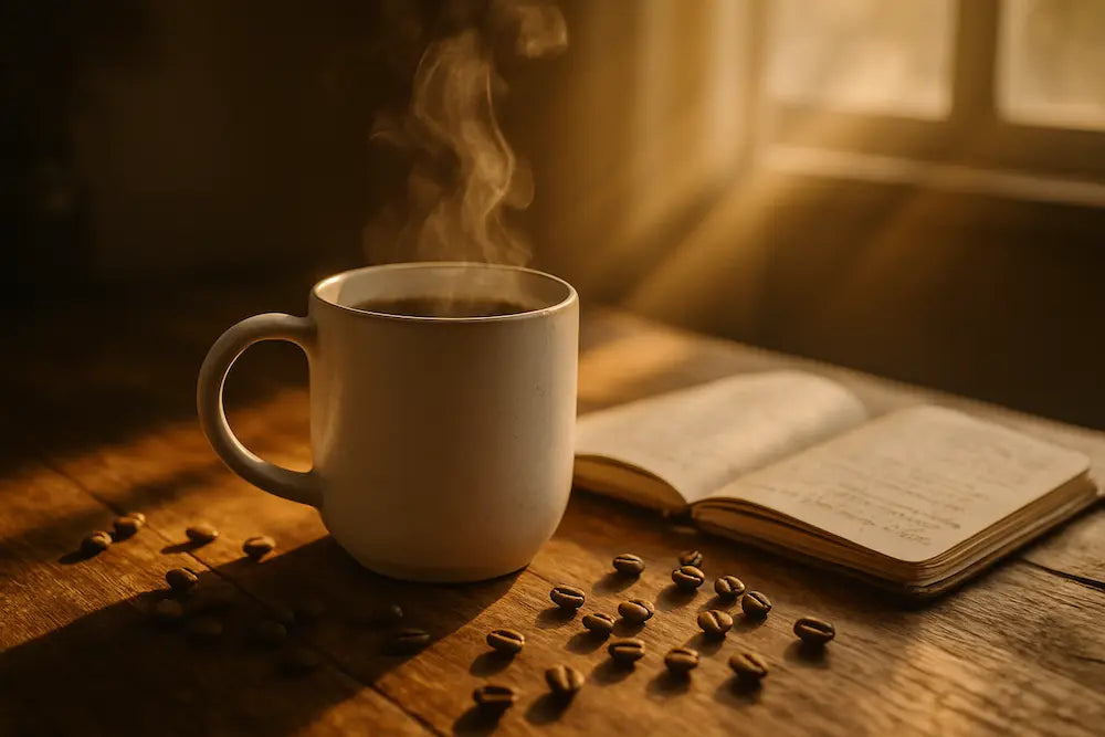 Ceramic coffee mug steaming on wooden table beside open journal and scattered coffee beans in morning sunlight.