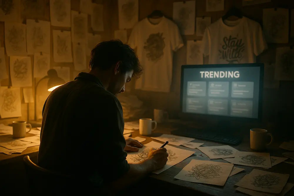 Artist working on original handmade designs surrounded by fading digital trends — symbolizing timeless creativity beating algorithm culture.