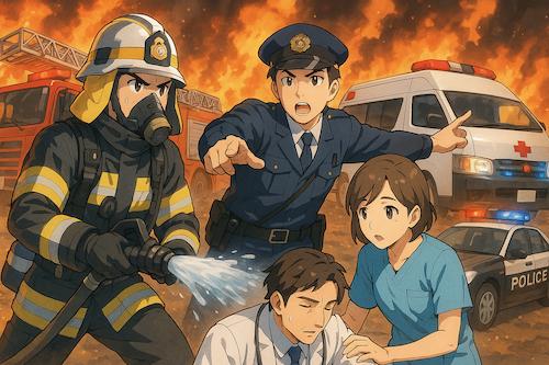 Firefighter carrying child from burning building with a comical twist, representing humor and heroism of first responders.