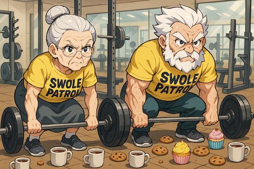 "Cartoon grandma and grandpa wearing yellow Swole Patrol gym shirts, deadlifting heavy barbells in a gym surrounded by coffee mugs, cookies, and cupcakes – funny fitness illustration for workout grandparents."