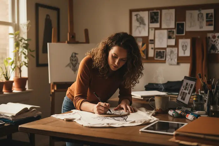 Artist sketching custom t-shirt at home studio with moody lighting