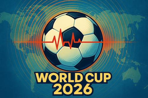 “Heartbeat of the Game, Echoes of 2026” World Cup plaque with pulse-inspired design and soccer imagery.
