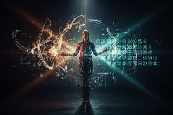 Creator surrounded by glowing digital designs, symbolizing originality vs AI mimicry — cinematic lighting, emotional tone.