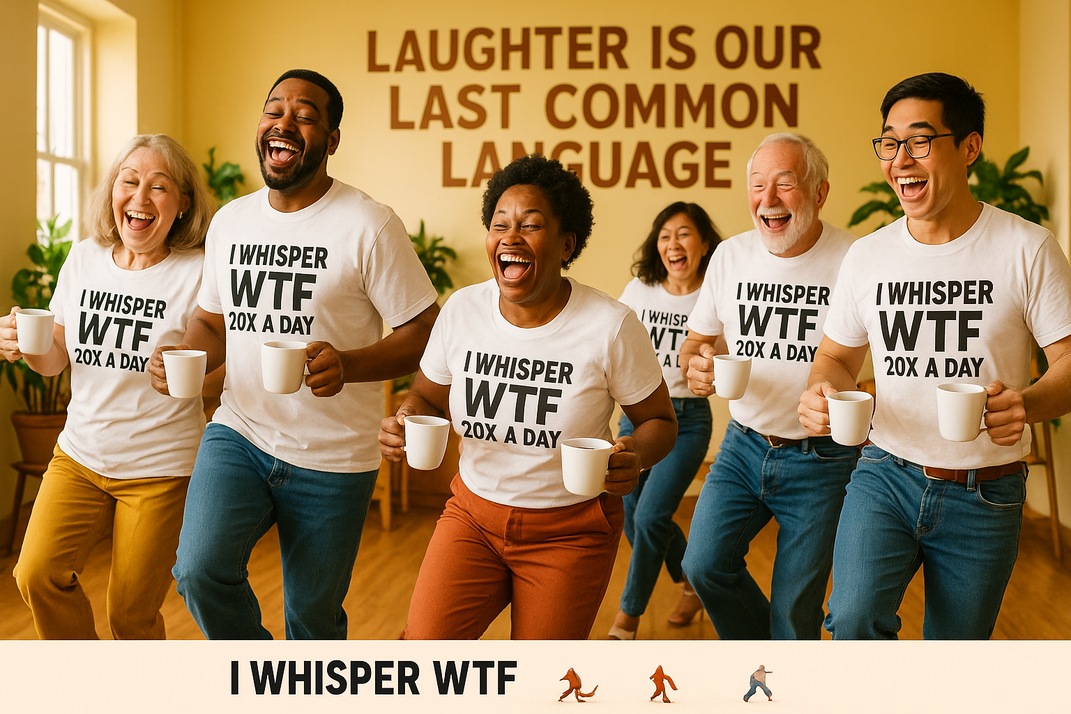 Six adults laughing in matching “I Whisper WTF 20X a Day” shirts, holding coffee mugs, standing under a wall sign that reads “Laughter Is Our Last Common Language.”