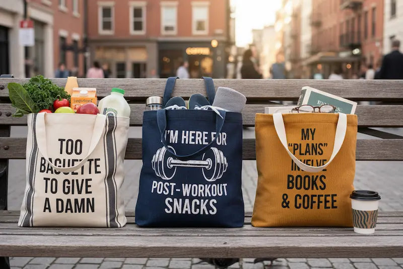 "Three tote bags with humorous quotes carrying groceries, gym gear, and books in an urban outdoor scene"