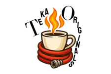 Logo of Teka Originals with a cup of coffee and flames on a white background