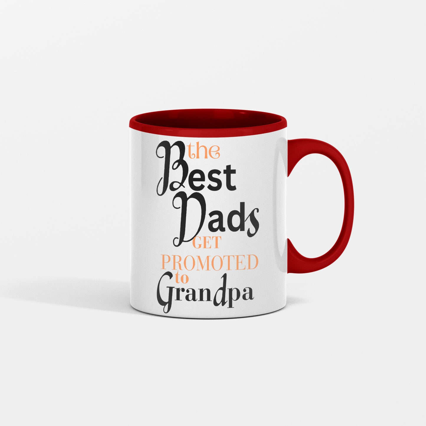 A white mug with the text 'The Best Dads Get Promoted to Grandpa' is displayed alongside a gold-colored fuel pump dispensing coffee beans into the mug, symbolizing fueling the next generation.