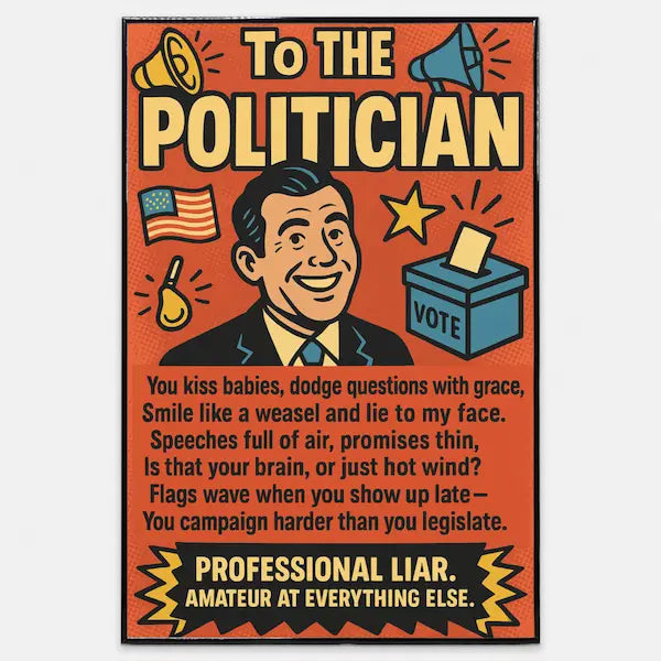 Minimalist wall poster reading “To the Politician – Professional Liar” in bold black text on neutral background