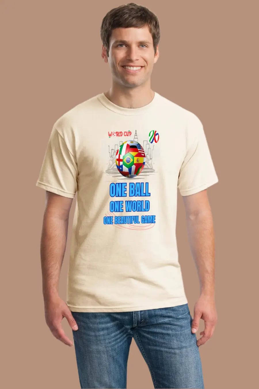 World Cup 2026 shirt with “One Ball – One World – One Beautiful Game” slogan featuring a globe and soccer ball graphic in sleek design