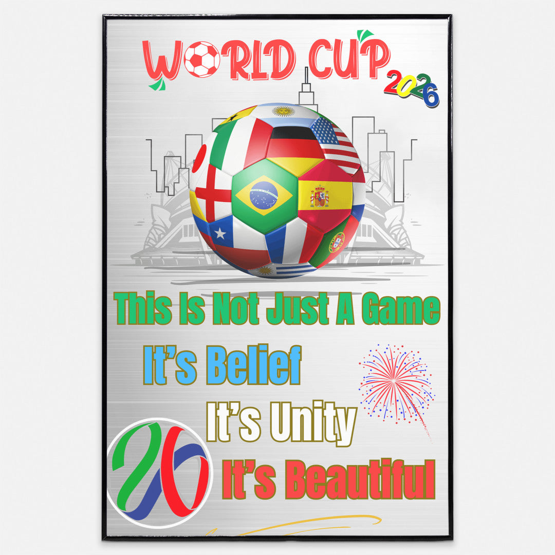 World Cup 2026 Ball poster hanging on wall, showing the Trionda ball with stylized stadium background in bold colors