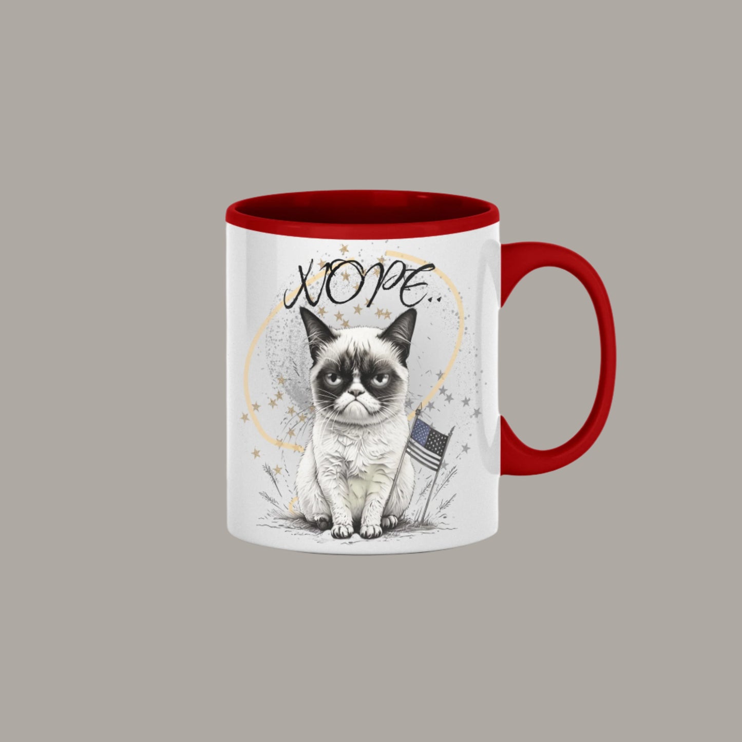 "Custom coffee mug with angry cartoon cat and sarcastic NOPE quote"