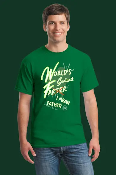 Funny T-shirt with bold text reading “World’s Smelliest Farter—I Mean Father” in sarcastic dad humor style