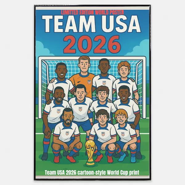 Cartoon-style USMNT soccer team posing in front of a goalpost with the FIFA World Cup trophy in front and "TEAM USA 2026" text above them.