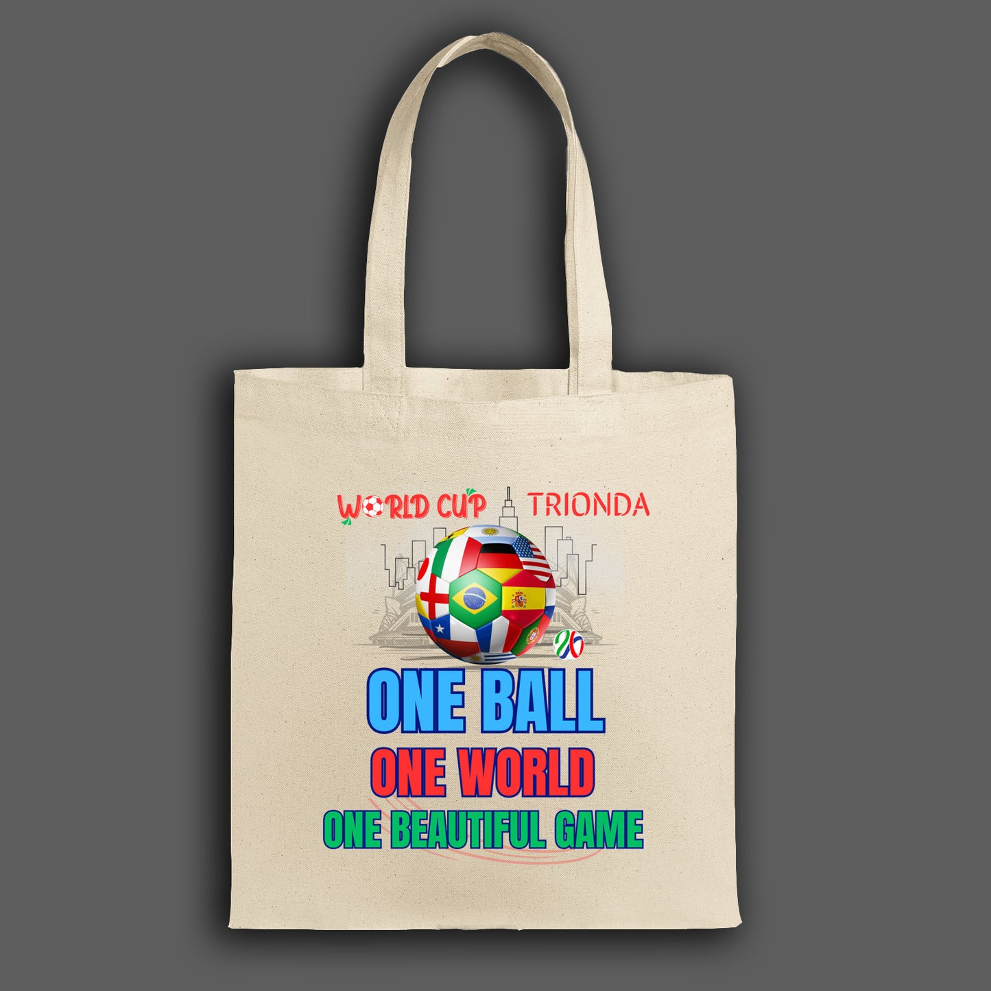 "World Cup 2026 Tote Bag – One Ball One World eco-friendly cotton canvas fan merch inspired by Trionda match ball"