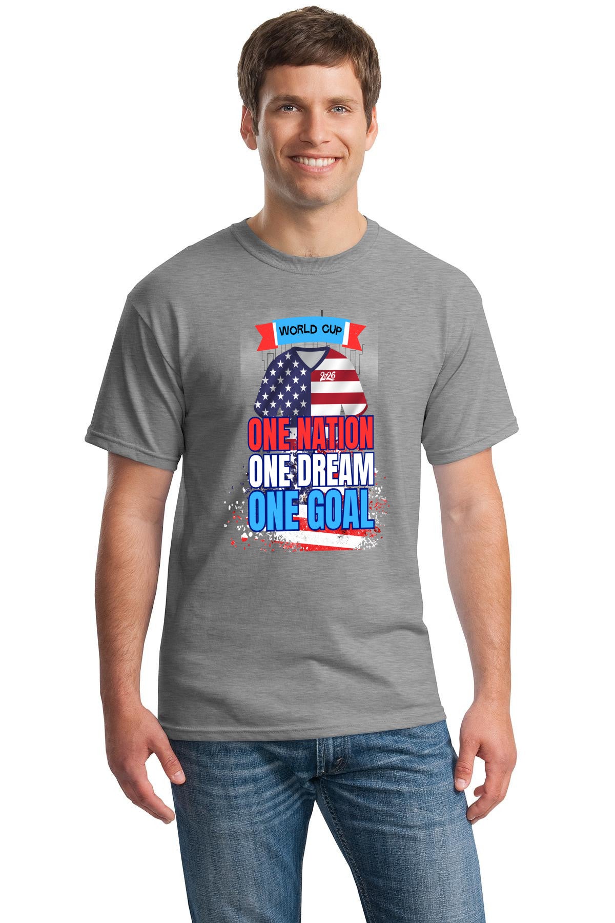 World Cup 2026 shirt with “One Nation – One Dream – One Goal” slogan in bold font with global soccer icon imagery in patriotic colors