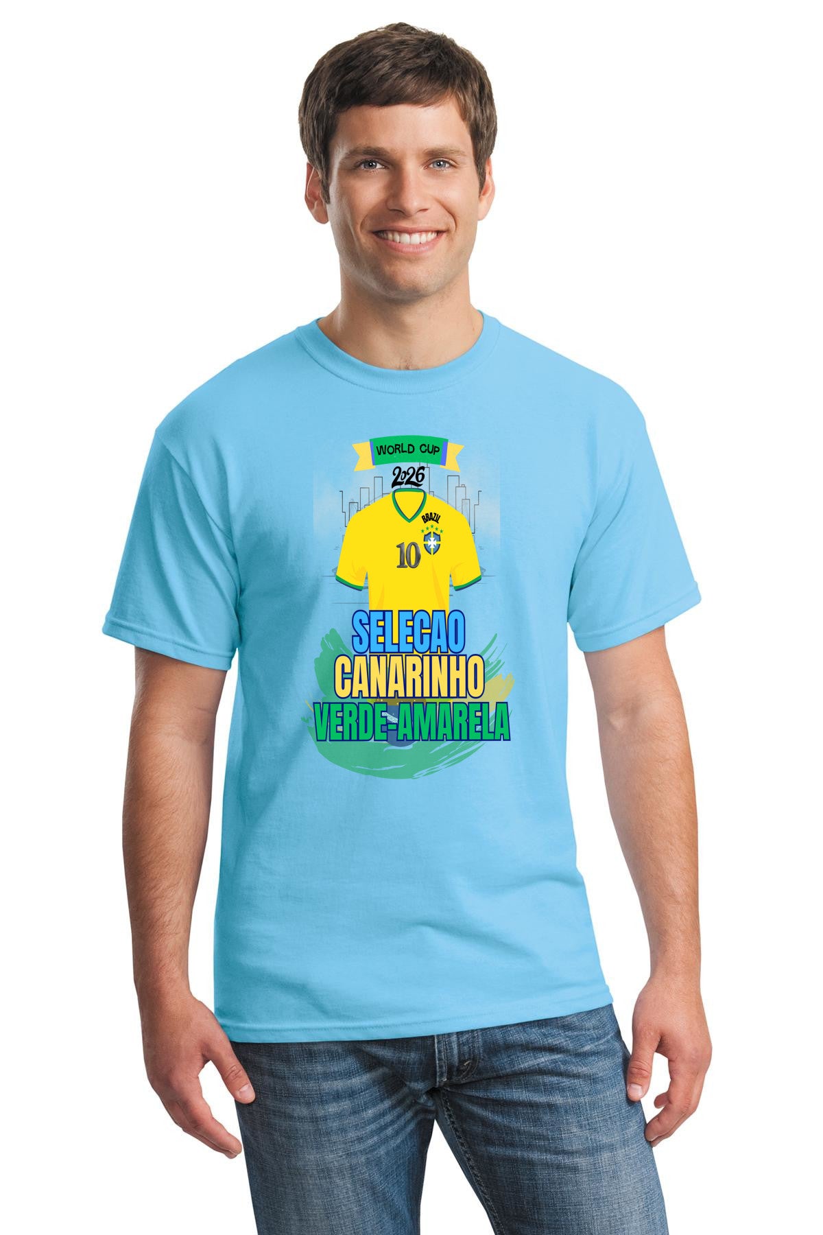 Brazil 2026 shirt with “Selecao – Canarinho – Verde Amarela” in bold green and yellow, styled for World Cup soccer fans