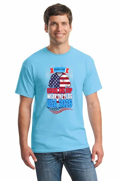USA 2026 World Cup shirt with “Chase the Cup – Wear the Flag” slogan in bold red, white, and blue patriotic design