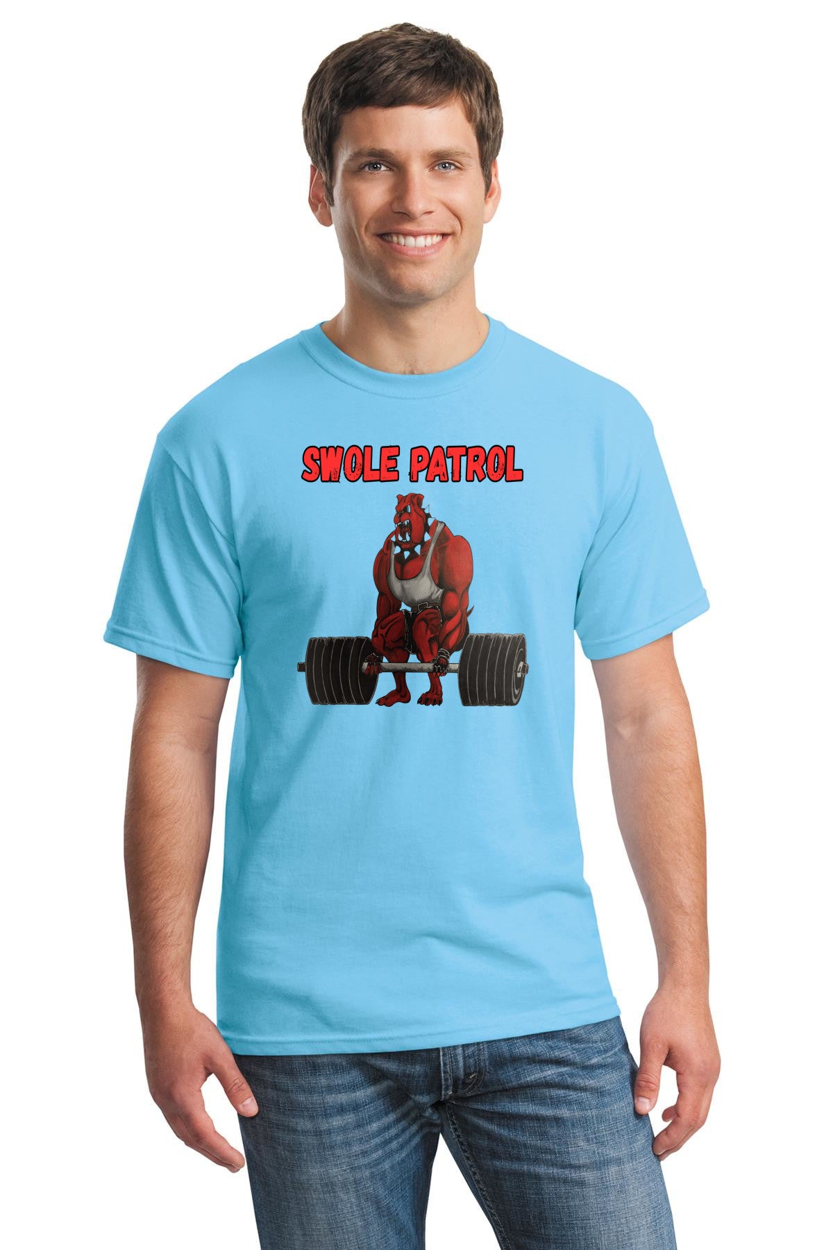 Jacked red bulldog mascot deadlifting heavy weights on the SWOLE PATROL T-Shirt by Teka Originals.