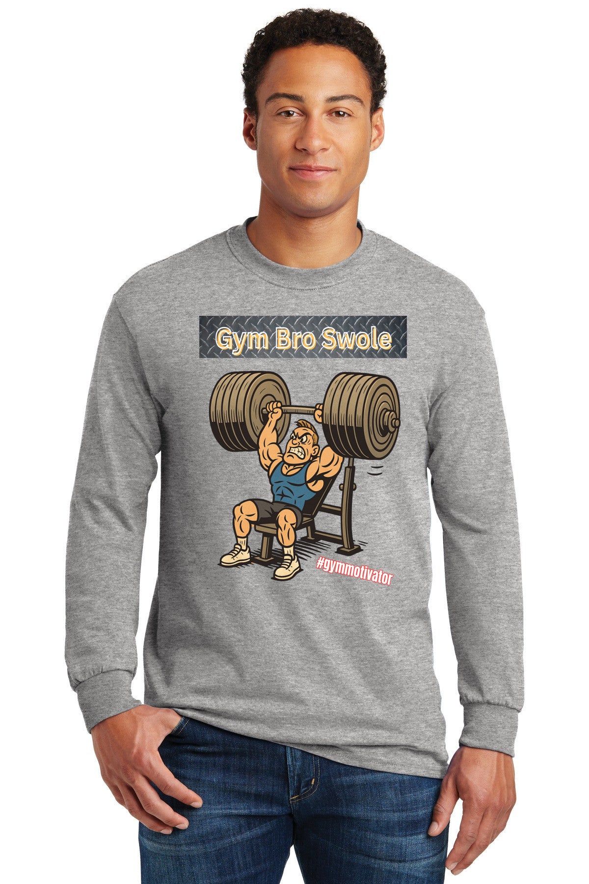 Man wearing GYM BRO SWOLE long sleeve gym t-shirt flexing in gym.