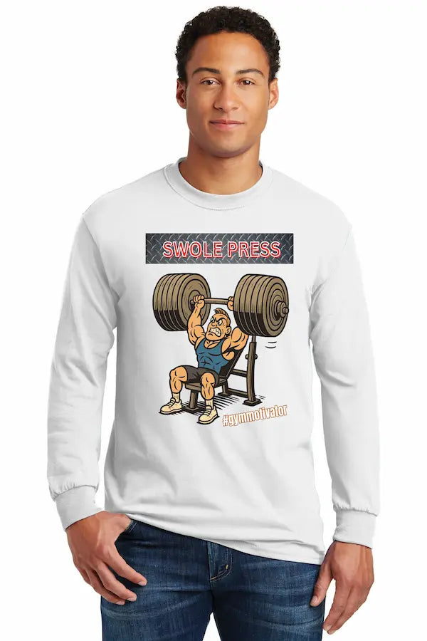 Athlete wearing SWOLE PRESS long sleeve gym t-shirt pressing barbell.