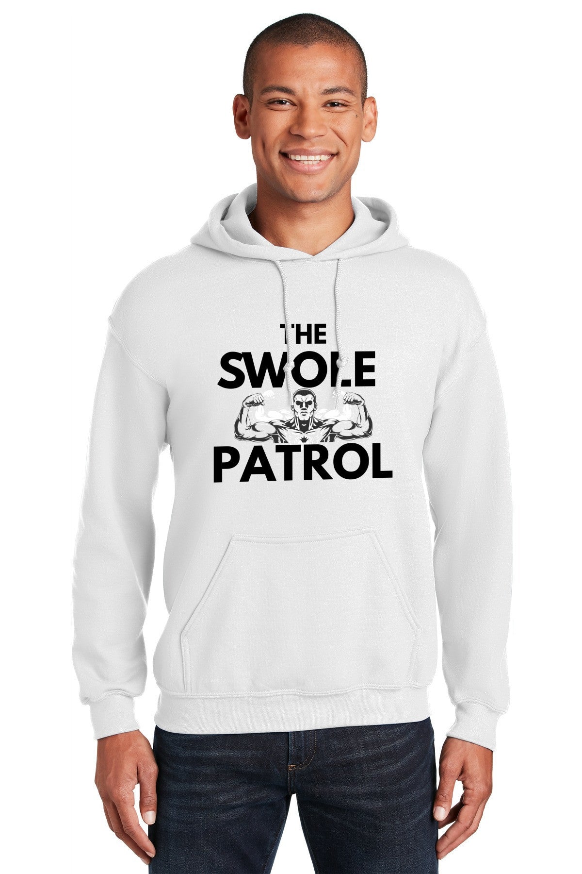Swole Patrol Hoodie in matte black, athletic fit, worn by athlete lifting weights in gym setting