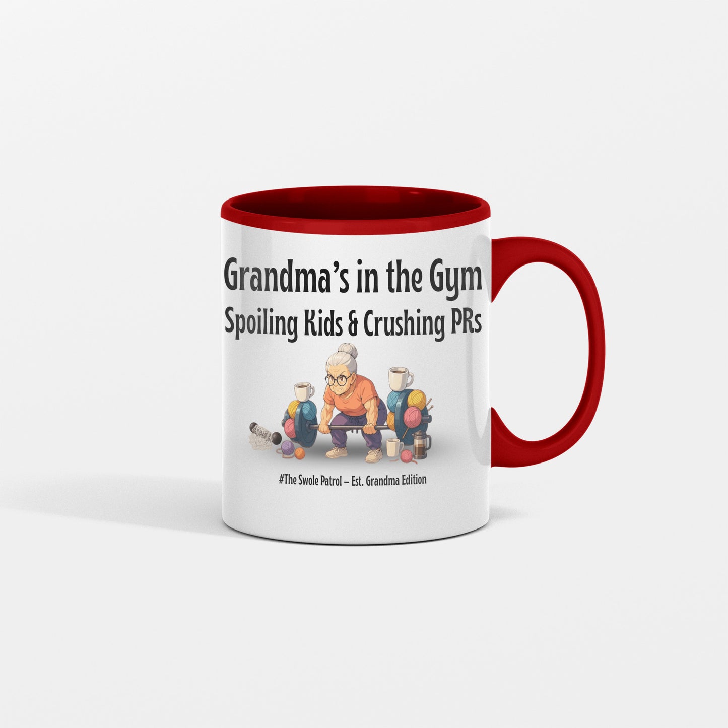 “Funny grandma gym mug – illustration of Nana deadlifting – perfect gift for strong grandmas and gym lovers.”