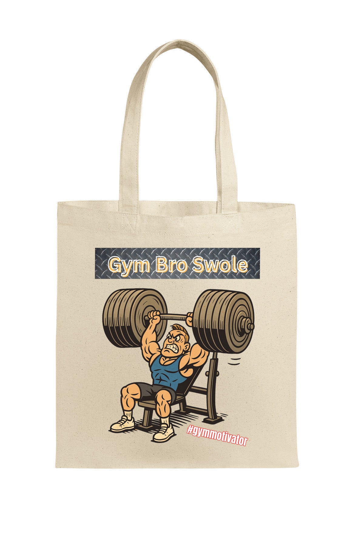 Anime-style illustration of athlete carrying the Gym Bro Swole Tote Bag, mid-squat in an industrial gym, bold black lettering, powerful stance.