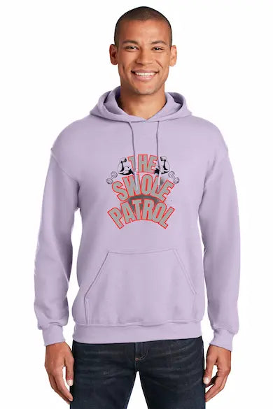 “Man wearing a hoodie with bold text that reads ‘The Swole Patrol’ featuring flexing arm graphics.”