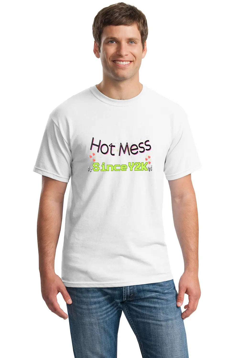 “Hot Mess Since Y2K T-Shirt – vintage graphic tee with Y2K-inspired print and chaotic millennial nostalgia aesthetic.”