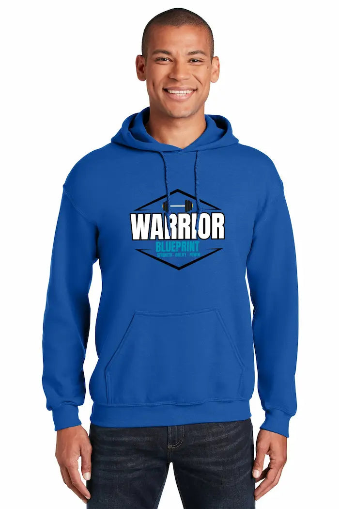 A rugged black hoodie with bold “Warrior Blueprint” print, symbolizing strength, discipline, and resilience.