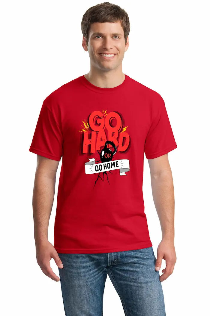 Go Hard or Go Home T-Shirt – bold gym statement tee for powerlifters and fitness enthusiasts, strong motivational design with modern athletic fit.