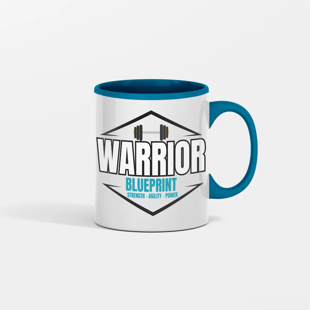 Close-up of the Warrior Blueprint Coffee Mug with bold lettering, steam rising, and gym gear in the background symbolizing discipline and morning motivation.