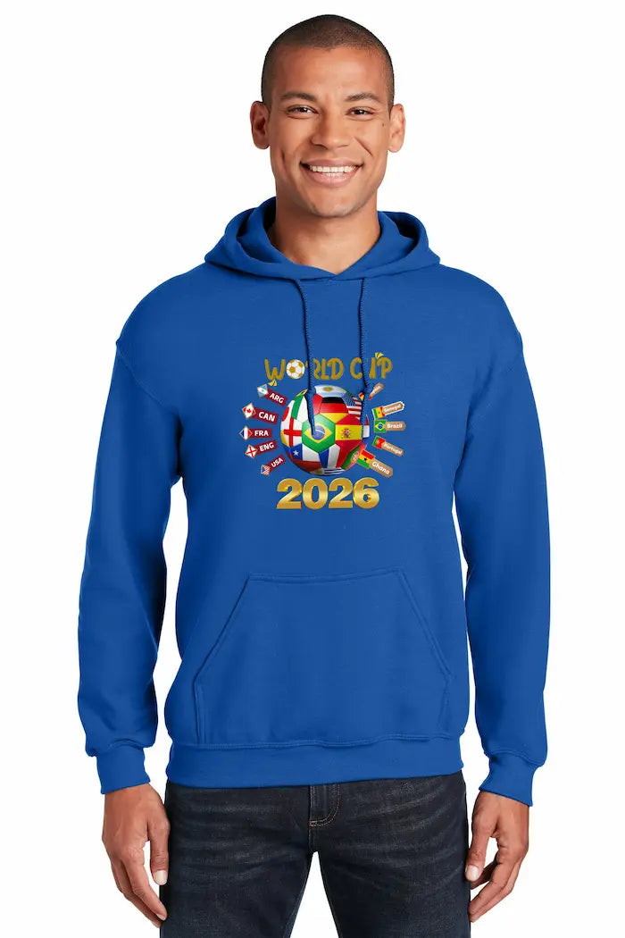 Close-up of World Cup 2026 Hoodie – global football fanwear with vintage streetwear design, bold typography, and international color accents.