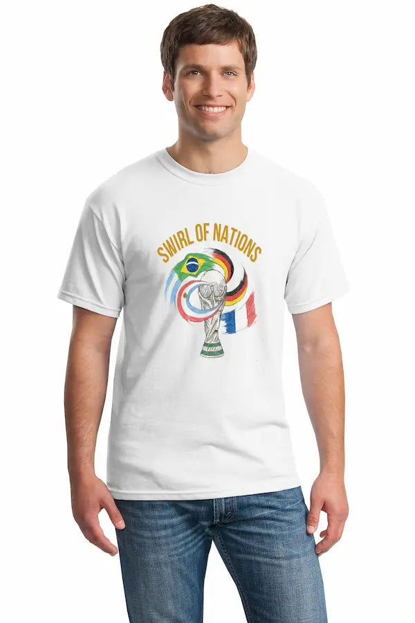 Hand-drawn fan art tee featuring swirling USA, Mexico, and Canada flag forms merging into a trophy outline, pencil sketch texture, no background — Swirling Flags Trophy – Hand-Drawn Fan Art Tee.