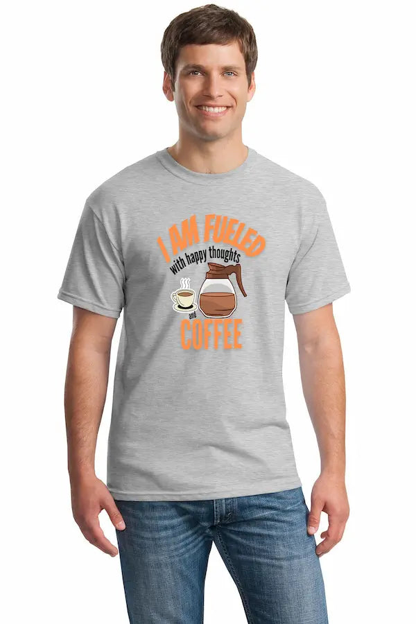 Grey cotton T-shirt with bold print reading “I Am Fueled With Happy Thoughts,”
designed as a sarcastic lifestyle statement shirt.
