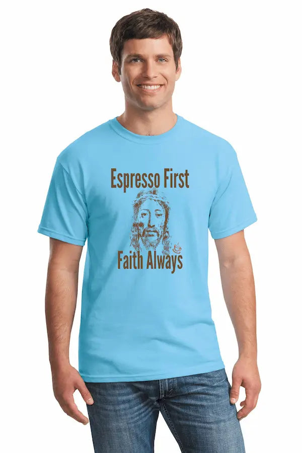 Sarcastic T-shirt reading “Espresso First, Faith Always,” styled with coffee
cup and minimalist Jesus illustration, bold modern typography.
