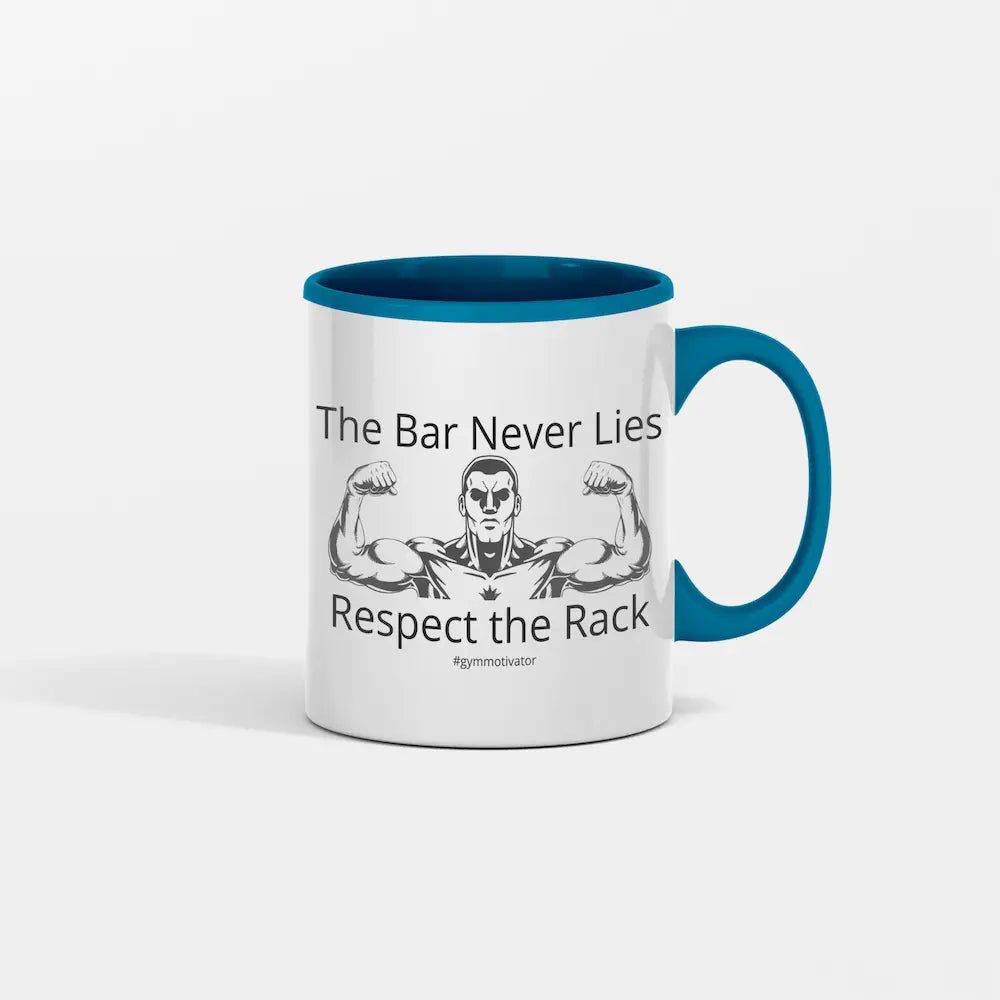 “The Bar Never Lies Coffee Mug on gym bench with weights and chalk dust”