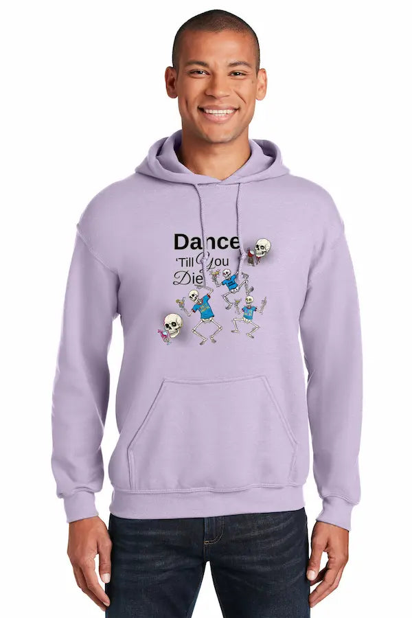 Skeleton dancing at night wearing hoodie – “Bones After Hours Dance Hoodie” – hand-drawn style, bold linework, urban night backdrop.