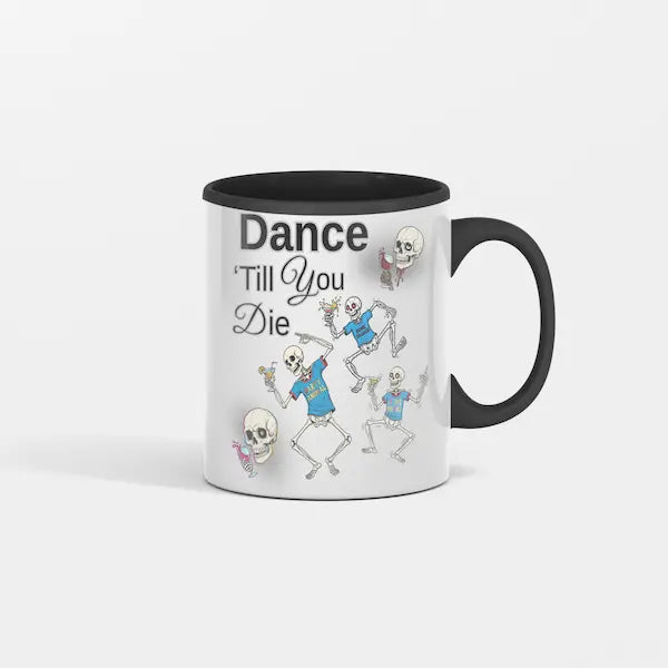 “Skeleton Rockin’ Dance Club black ceramic mug with dancing skeleton graphic holding coffee”